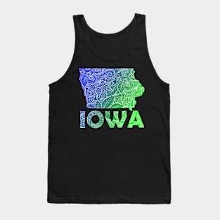 Colorful mandala art map of Iowa with text in blue and green Tank Top